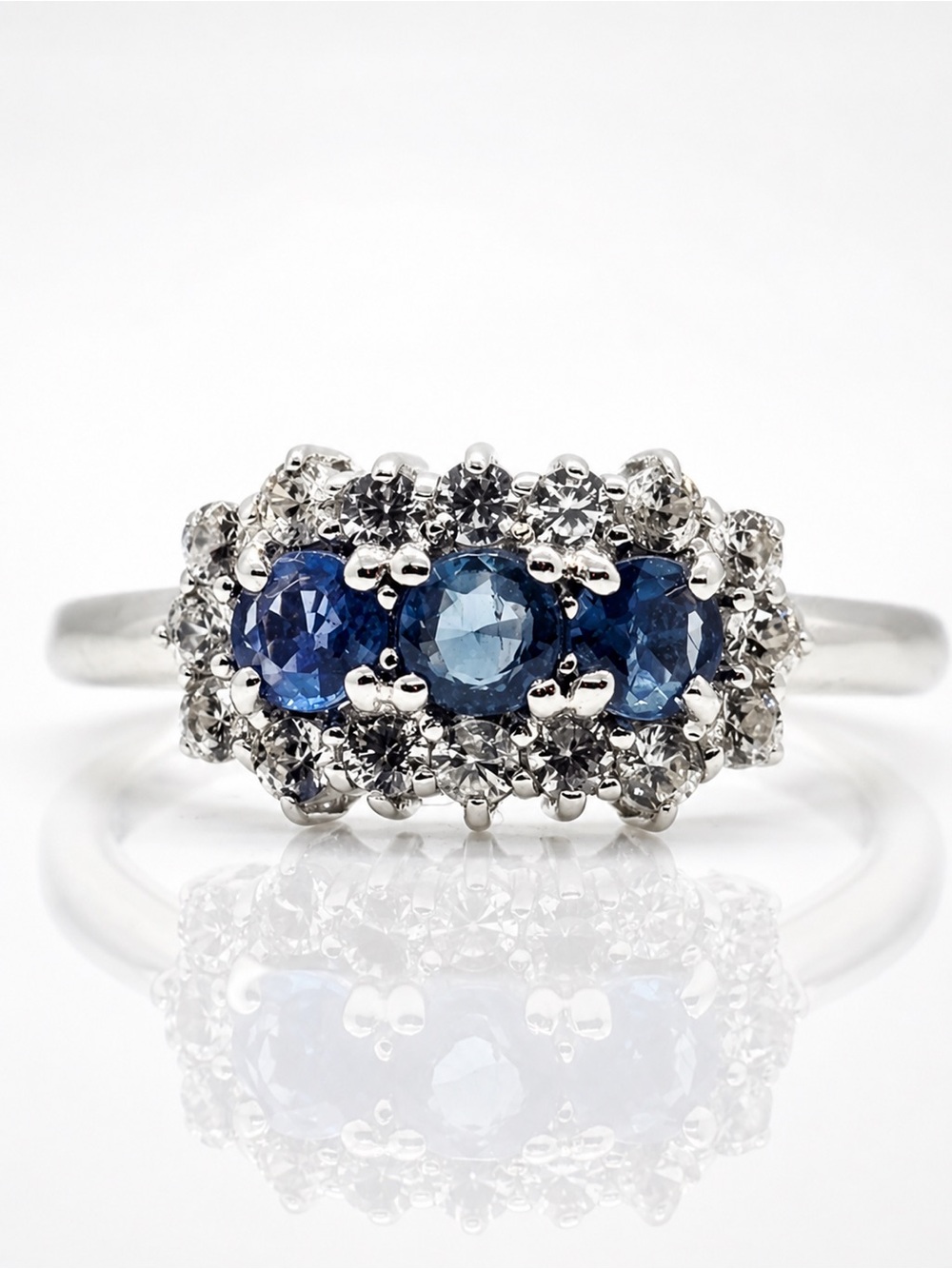 1.05 ctw Sapphire and Zircon Halo Ring In Rhodium Dipped Sterling Silver. Size 7